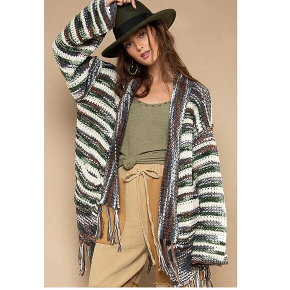 Frenchy & The Free Bird Multi Colored Wide Sleeves Open Crochet Cardigan Sweater - Picture 1 of 12